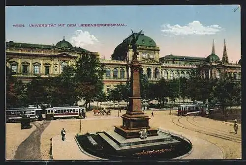 AK Wien, Universität mit dem Liebenbergdenkmal, Strassenbahn