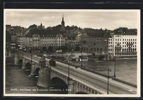 AK Basel, Schifflände mit Restaurant Lällenkönig, Strassenbahn auf der Brücke