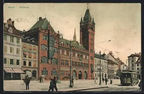 AK Basel, Strassenbahn vor dem Rathaus