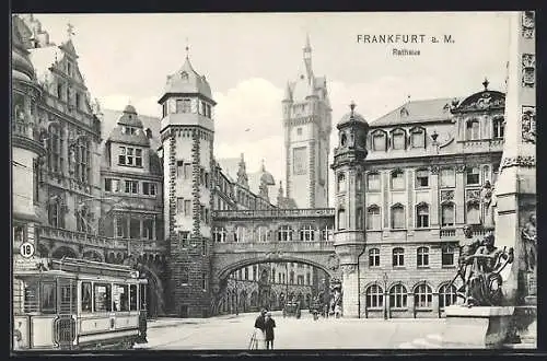 AK Frankfurt a. M., Strassenbahn vor dem Rathaus