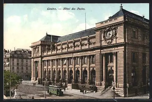 AK Genève, Hotel des Postes, Strassenbahn