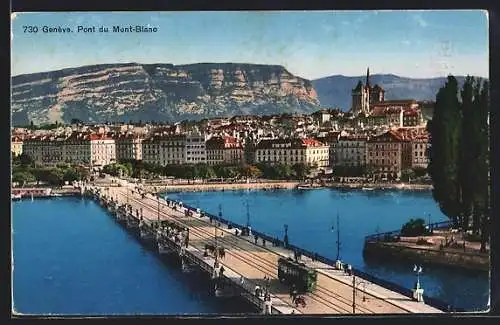 AK Genève, Pont du Mont-Blanc, Strassenbahn