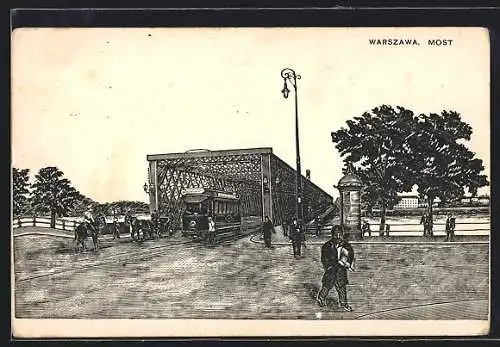Künstler-AK Waszawa, Most, Strassenbahn