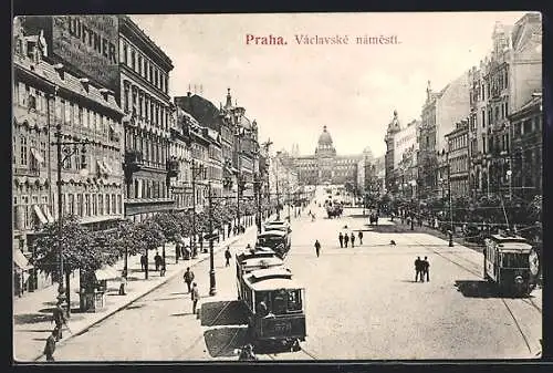 AK Prag, Wenzelsplatz mit Strassenbahnen