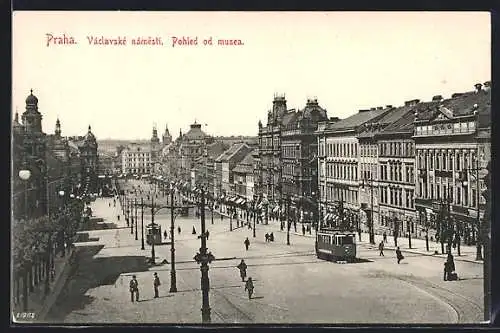 AK Praha, Václavské námesti, Pohled od musea, Strassenbahn