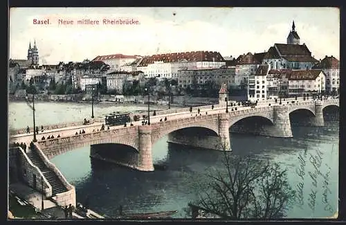 AK BAsel, Neue mittlere Rheinbrücke mit Strassenbahn