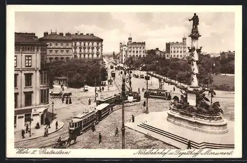 AK Wien, Strassenbahnen am Nordbahnhof, Tegetthoff-Monument