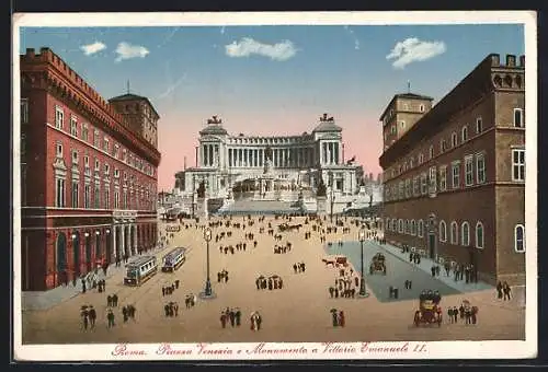 AK Roma, Piazza Venezia e Monumento a Vittorio Emanuele II, Strassenbahn