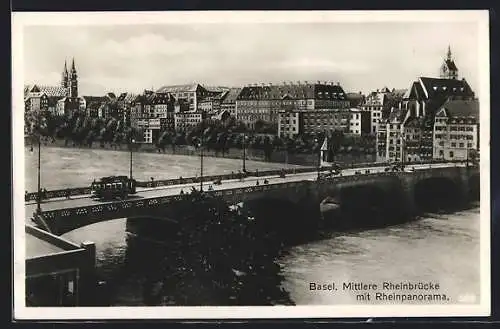 AK Basel, Mittlere Rheinbrücke und Münster, Strassenbahn