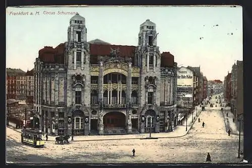 AK Frankfurt a.M., Circus Schuhmann, Strassenpartie mit Strassenbahn