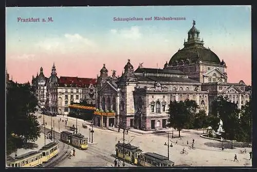 AK Frankfurt a. M., Schauspielhaus und Märchenbrunnen, Strassenbahn