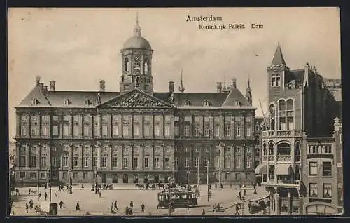 AK Amsterdam, Koninklijk Paleis, Dam, Strassenbahn