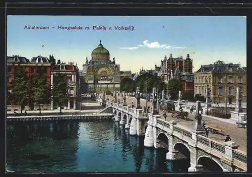 AK Amsterdam, Strassenbahn, Hoogesluis m. Paleis v. Volksvlijt