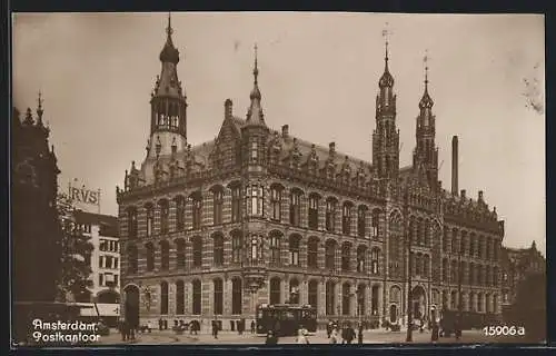 AK Amsterdam, Postkantoor, Strassenbahn