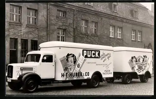 Fotografie Ackermann-Fahrzeugbau Wuppertal, Lastwagen Aufbauten, LKW Magirus-Deutz Fa. H. F. Huber & Co. Hamburg