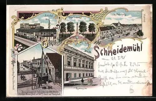 Lithographie Schneidemühl, Marktplatz, Kriegerdenkmal, Gymnasium, Bahnhof