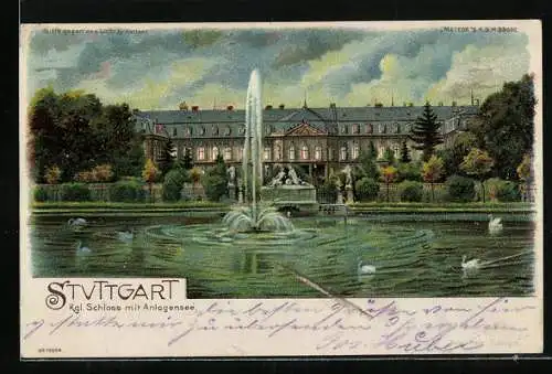Lithographie Stuttgart, Kgl. Schloss mit Anlagensee