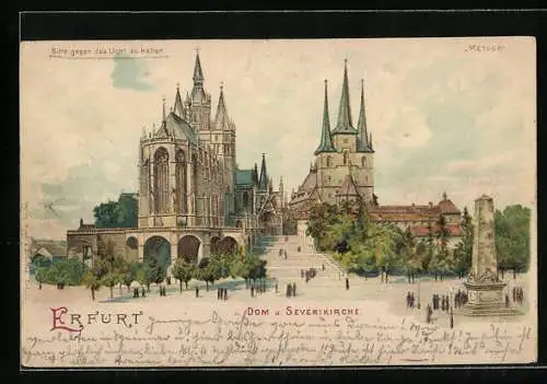 Lithographie Erfurt, Dom & Severikirche, Vollmond
