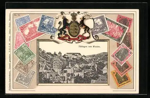 AK Tübingen, Ortsansicht von Westen mit Briefmarken und Wappen