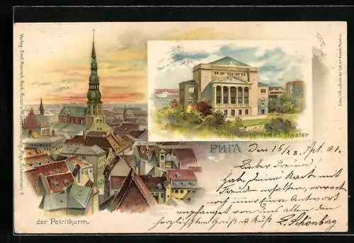 Lithographie Riga, Petriturm und Stadttheater