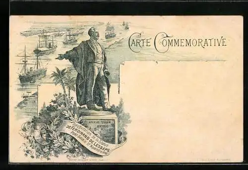 Lithographie Suez, Statue de Ferdinand de Lesseps
