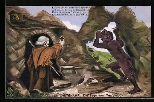 Künstler-AK Altenahr, Sage vom Teufelsloch, Frommer Mann vertreibt den Teufel