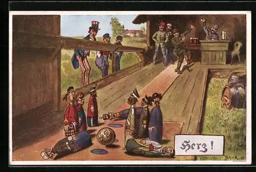 AK Soldaten als Kegel auf einer Bowlingbahn mit Bowlingkugel in einer Schankwirtschaft, Propaganda 1. Weltkrieg
