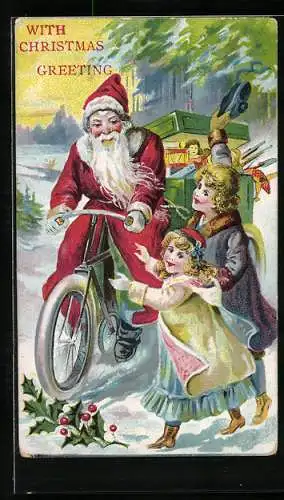 Künstler-AK Weihnachtsmann auf dem Fahrrad bringt den Kinder ihre Geschenke