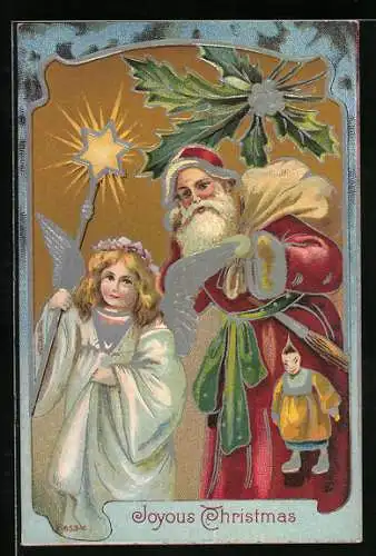 Präge-AK Weihnachtsengel und Weihnachtsmann mit Spielzeugen und Stern bereit für das Fest