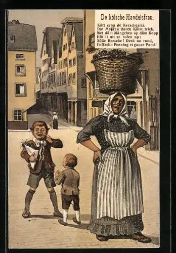 Künstler-AK Köln, Kölsche Handelsfrau in Tracht mit Korb auf dem Kopf