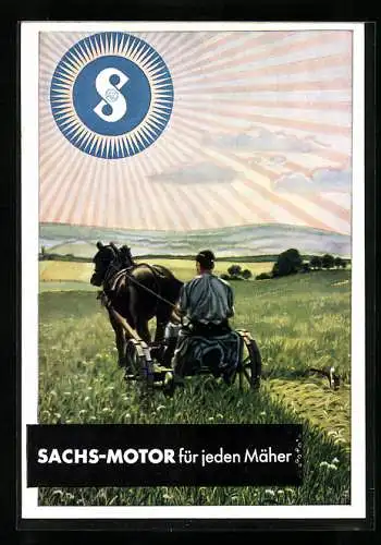 AK Reklame für Sachs-Bindermotoren, Bauer beim Mähen seines Feldes