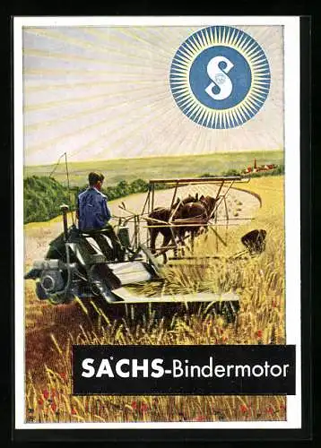 AK Reklame für Sachs-Bindermotoren für Mäher, Bauer beim Mähen seines Kornfeldes