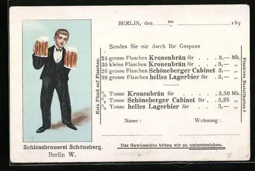 AK Ganzsache PP9B11 /02: Berlin, Schlossbrauerei Schöneberg, Brauerei-Werbung, Kleiner Kellner mit grossen Bierkrügen