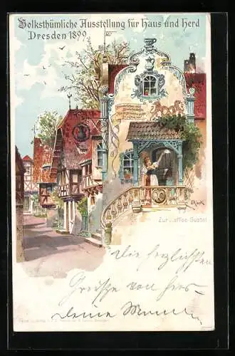 Lithographie Dresden, Volksthümliche Ausstellung für Haus u. Herd 1899, Zur Kaffee-Gustel, Ganzsache 5 Pfennig