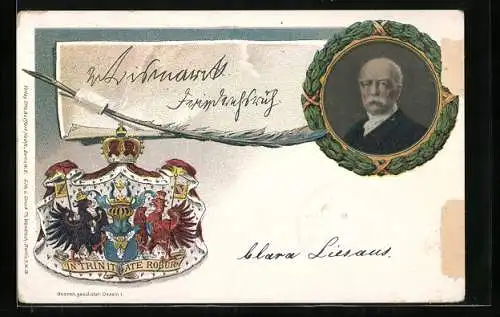 Künstler-AK Portrait von Bismarck mit Wappen, Ganzsache 5 Pfennig