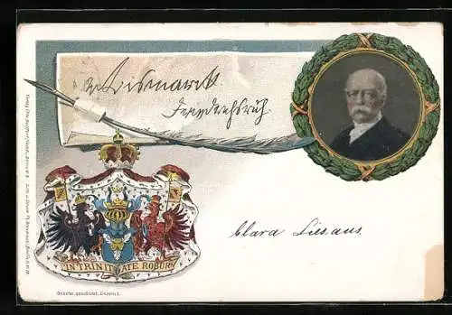 Künstler-AK Portrait von Bismarck, Wappen, Ganzsache 5 Pfennig