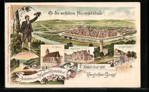 Lithographie Hann. Münden, 1. Mündener Heimatfest 1897, Langestrasse, Rathaus, Ganzsache 3 Pfennig