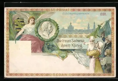 Lithographie Konterfei König Albert von Sachsen, Jubiläumspostkarte, Die treuen Sachsen ihrem König, Ganzsache 5 Pfg.