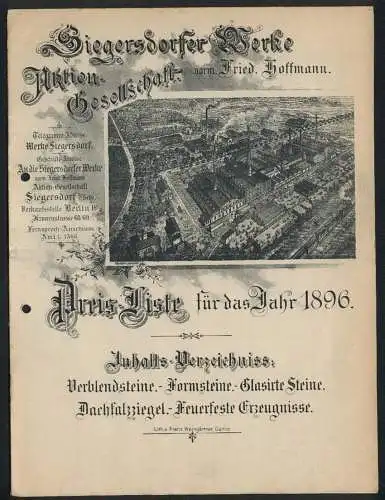 Werbeprospekt Siegersdorf 1896, Siegersdorfer Werke AG, Stein- und Ziegel-Fabrikation, Betrieb mit Gleisanlage
