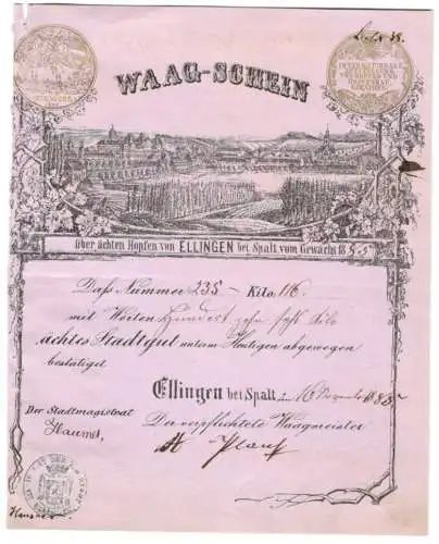 Waag-Schein Ellingen bei Spalt 1885, Ortsansicht mit Hopfenanbau, Wiege-Nummer 235