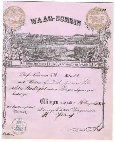 Waag-Schein Ellingen bei Spalt 1885, Ortsansicht mit Hopfenanbau, Wiege-Nummer 236