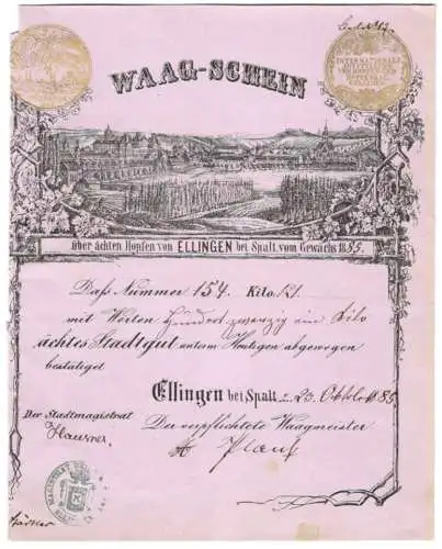 Waag-Schein Ellingen bei Spalt 1885, Ortsansicht mit Hopfenanbau, Wiege-Nummer 154