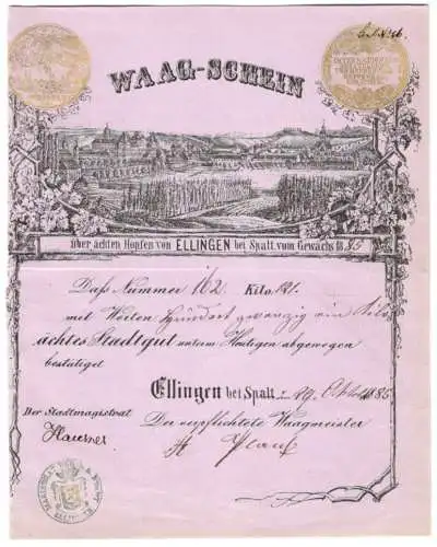 Waag-Schein Ellingen bei Spalt 1885, Ortsansicht mit Hopfenanbau, Wiege-Nummer 162