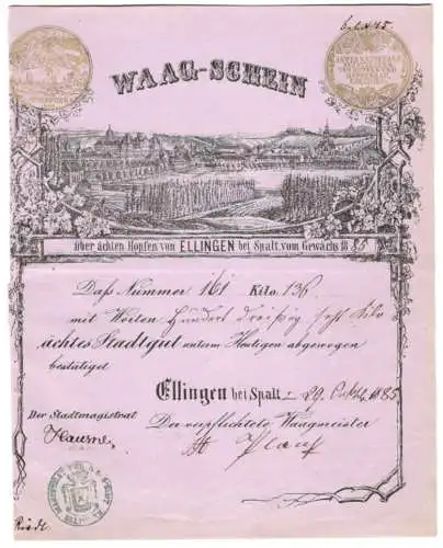 Waag-Schein Ellingen bei Spalt 1885, Ortsansicht mit Hopfenanbau, Wiege-Nummer 161
