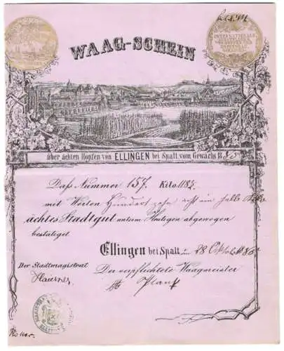Waag-Schein Ellingen bei Spalt 1885, Ortsansicht mit Hopfenanbau, Wiege-Nummer 157