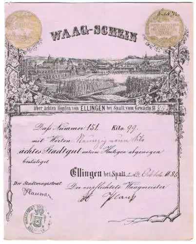 Waag-Schein Ellingen bei Spalt 1885, Ortsansicht mit Hopfenanbau, Wiege-Nummer 155