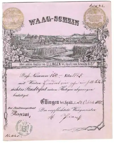 Waag-Schein Ellingen bei Spalt 1885, Ortsansicht mit Hopfenanbau, Wiege-Nummer 150