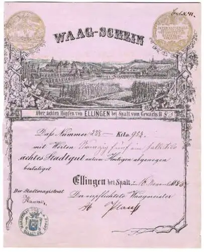 Waag-Schein Ellingen bei Spalt 1885, Ortsansicht mit Hopfenanbau, Wiege-Nummer 238