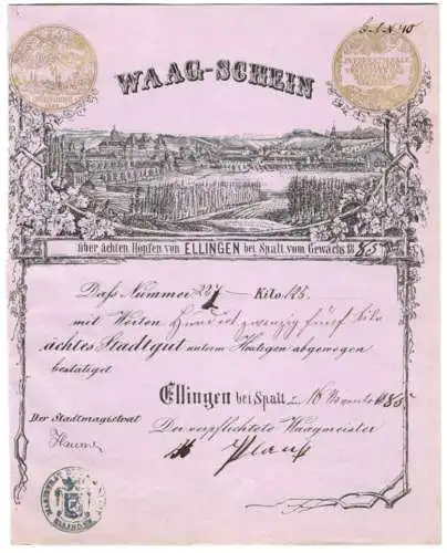 Waag-Schein Ellingen bei Spalt 1885, Ortsansicht mit Hopfenanbau, Wiege-Nummer 237