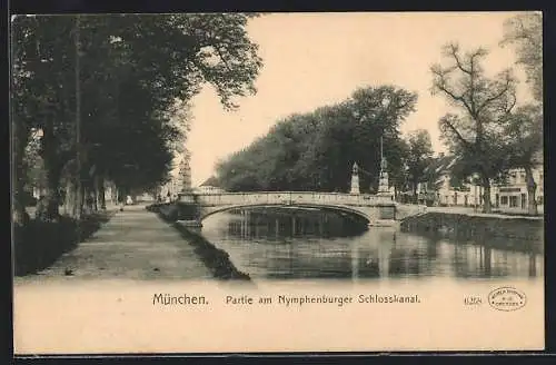 AK München, Partie am Nymphenburger Schlosskanal mit Brücke